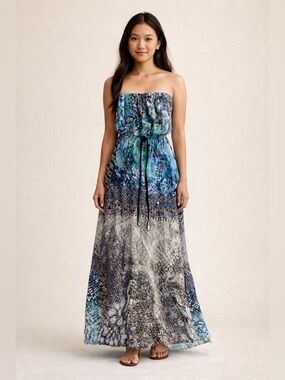 NWT XS Single Strapless Printed Maxi Dress